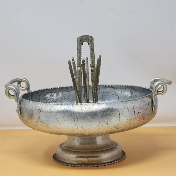 Unique Embossed Aluminum Nut Bowl And Tools Embossed Botanical - 1960's - Picture 1 of 10